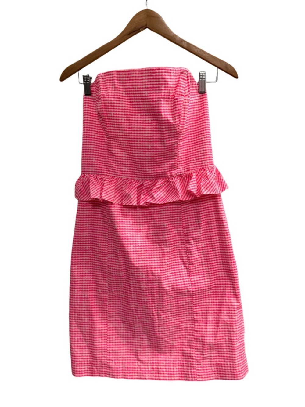 Lilly Pulitzer Lowe Strapless Dress Fiesta Pink Pretty Gingham Strapless Ruffle - Picture 2 of 6